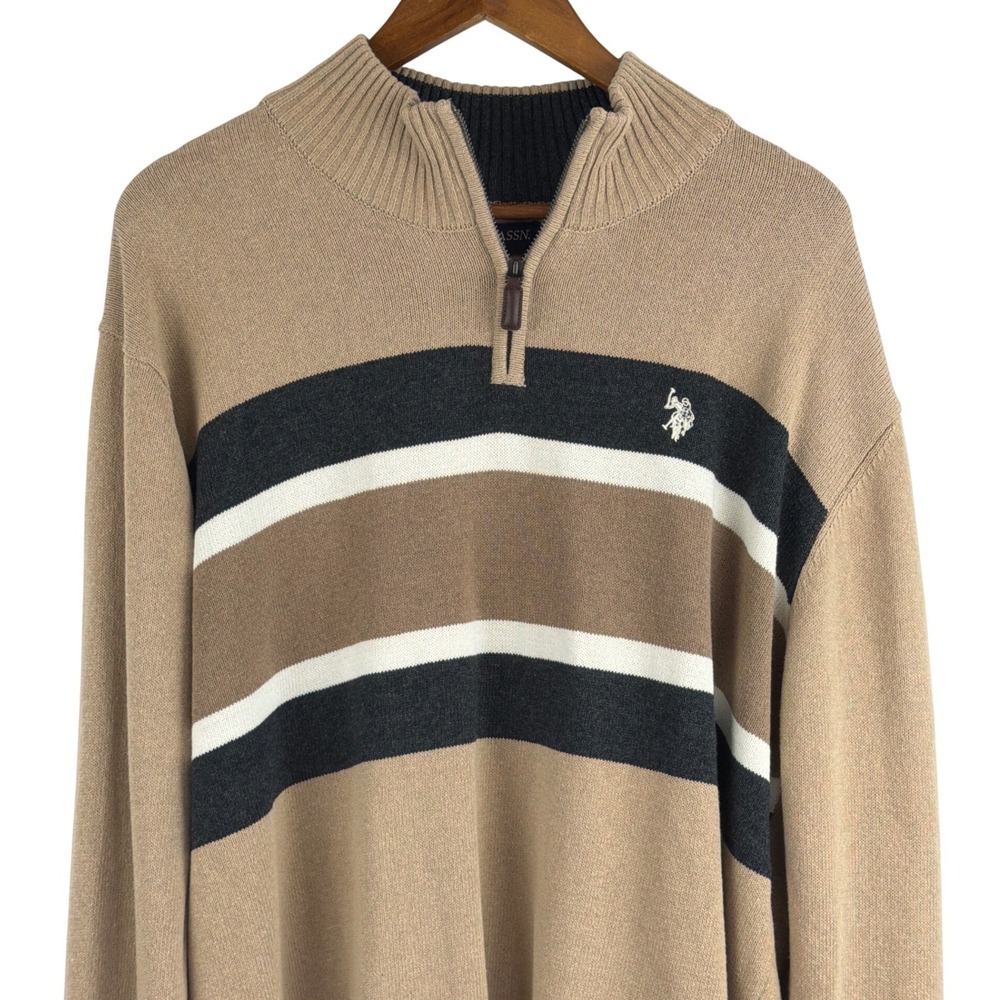 US Polo Assn Mens Camel Heather Striped Quarter Zip Sweater XXL BRUF5S5507 NEW - Picture 4 of 12